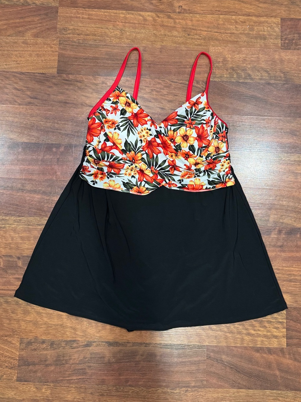 Catalina - Red Floral One-Piece Swimdress with Black Skirt